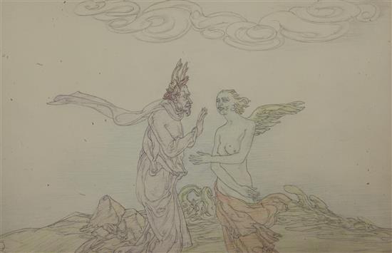 § Austin Osman Spare (1888-1956) Satyric figure and an angel in a landscape 8 x 13in. unframed